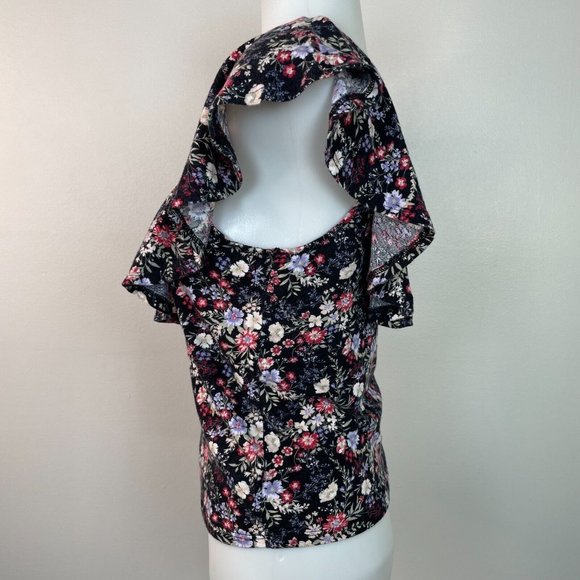 American Eagle Crop Top Small Black Floral Flutter Sleeve Cotton Casual Women's - Picture 4 of 11